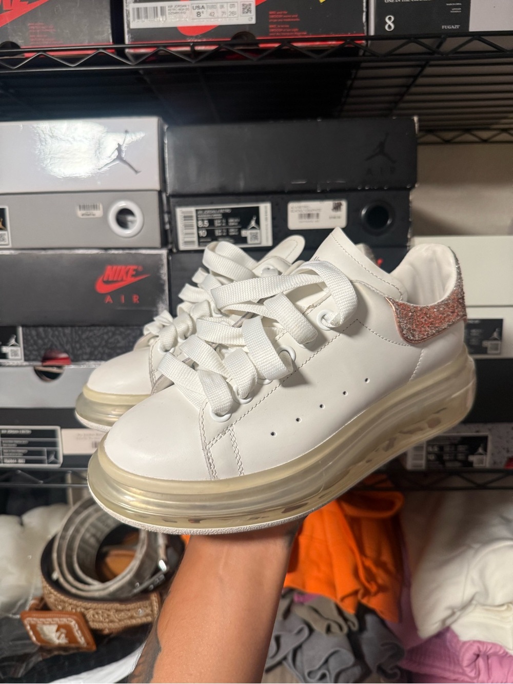 Alexander McQueen White Sneakers with Pink Glitter Heel and Clear Chunky Sole